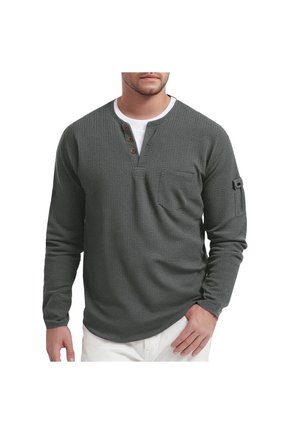 Long Sleeve Henley Shirts for Men Casual Waffle Fashion Solid Color Pullover 3-Button T-Shirt with Pocket Gray S