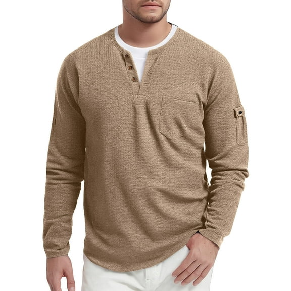 Resicozy Long Sleeve Henley Shirts for Men Casual Waffle Fashion Solid Color Pullover 3-Button T-Shirt with Pocket Khaki XL