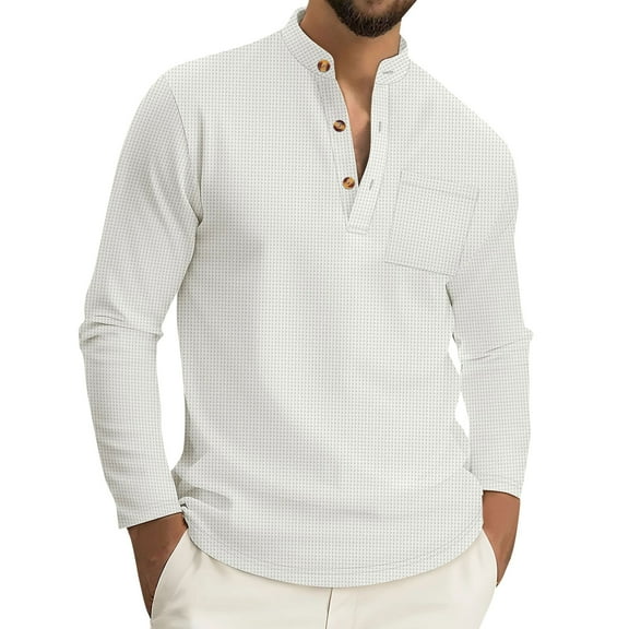 Resicozy Long Sleeve Henley Shirts for Men Casual Waffle Fashion Solid Color Pullover 3-Button T-Shirt with Pockets White M