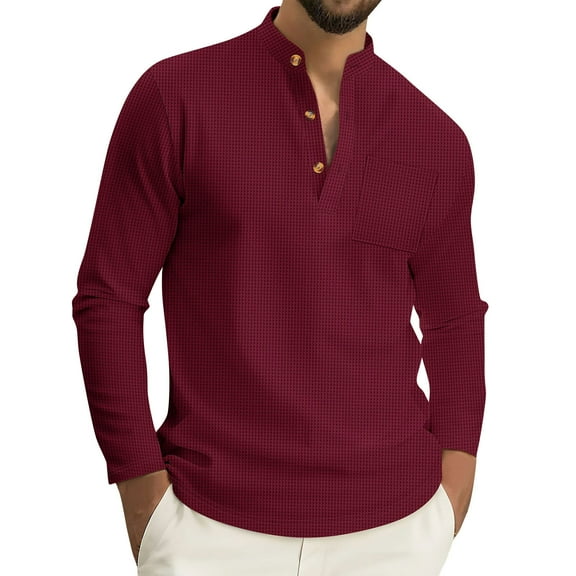 Resicozy Long Sleeve Henley Shirts for Men Casual Waffle Fashion Solid Color Pullover 3-Button T-Shirt with Pockets Wine 2XL