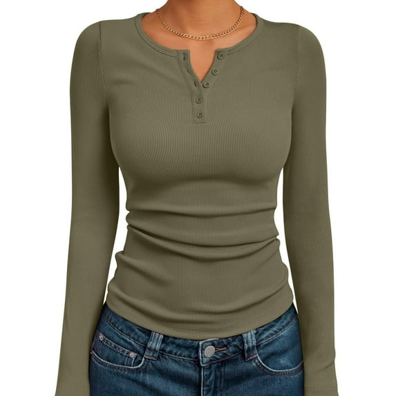 Resicozy Long Sleeve Henley Shirts for Women Fall Spring Ribbed Tops Casual Blouses Basics Tees Cute Solid Sweaters Army Green XL