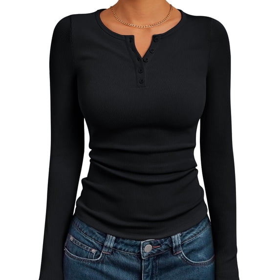 Resicozy Long Sleeve Henley Shirts for Women Fall Spring Ribbed Tops Casual Blouses Basics Tees Cute Solid Sweaters Black XL