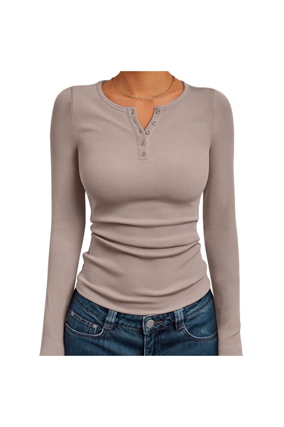 Long Sleeve Henley Shirts for Women Fall Spring Ribbed Tops Casual Blouses Basics Tees Cute Solid Sweaters Khaki L