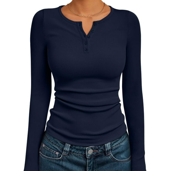 Resicozy Long Sleeve Henley Shirts for Women Fall Spring Ribbed Tops Casual Blouses Basics Tees Cute Solid Sweaters Navy M