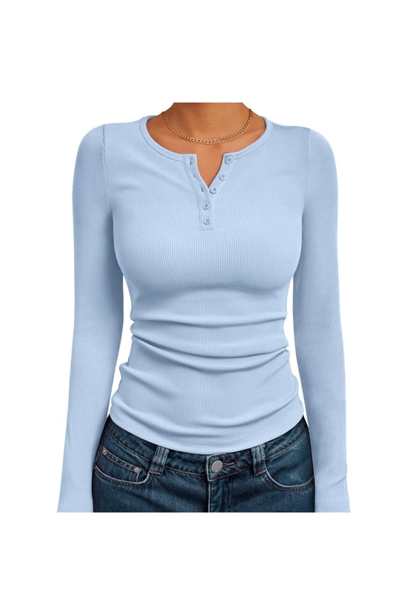 Long Sleeve Henley Shirts for Women Fall Spring Ribbed Tops Casual Blouses Basics Tees Cute Solid Sweaters Sky Blue M