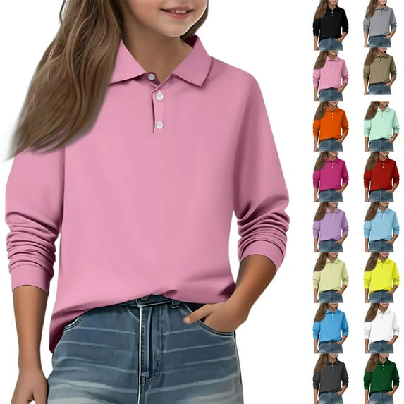 Resicozy Long Sleeve Polo Shirts for Kids Button Down Collar Uniform Shirts Casual Fashion Cute Solid Color Tops Beige 13-14 Years