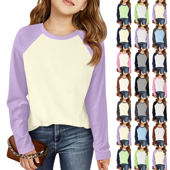 Resicozy Long Sleeve Shirts for Gril Fall Spring Color Block Crewneck Fashion Blouse Casual Winter Clothing Sky Blue 9-10 Years