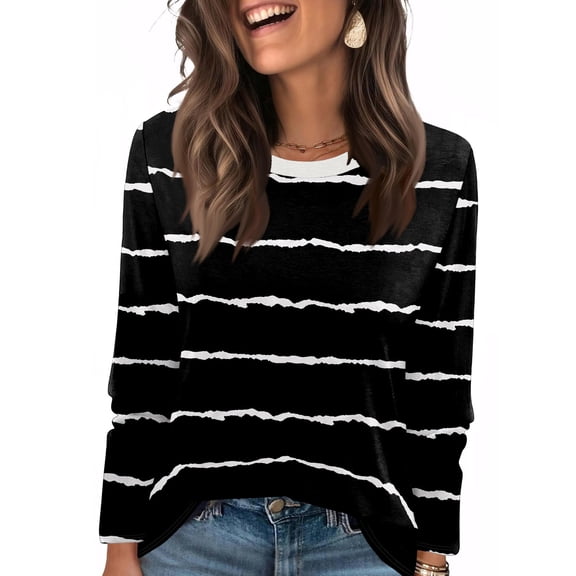 Resicozy Long Sleeve Shirts for Women 2025 Trendy Fall Striped Tops Dressy Casual Crewneck Tunic Blouses Loose Fit Tshirts Black XL