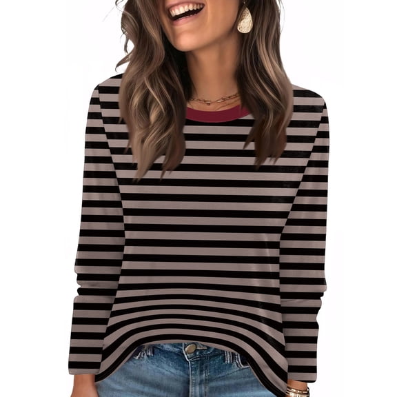 Resicozy Long Sleeve Shirts for Women 2025 Trendy Fall Striped Tops Dressy Casual Crewneck Tunic Blouses Loose Fit Tshirts Brown M