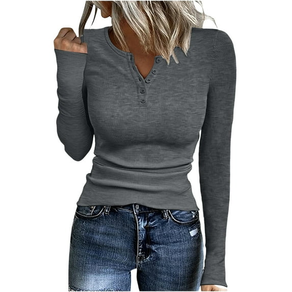 Resicozy Long Sleeve Shirts for Women Henley Ribbed Fall Spring Tops Dressy Business Casual Solid Color Cute Basic Tees Dark Gray XL