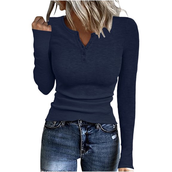 Resicozy Long Sleeve Shirts for Women Henley Ribbed Fall Spring Tops Dressy Business Casual Solid Color Cute Basic Tees Navy M