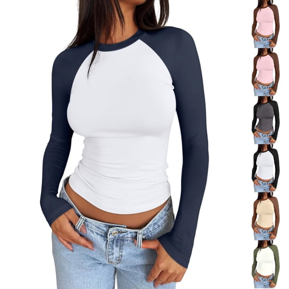 Resicozy Long Sleeve Shirts for Women Slim Fit Stretchy Color Block Raglan Shirt Workout Gym Athletic Baseball Tee Navy S