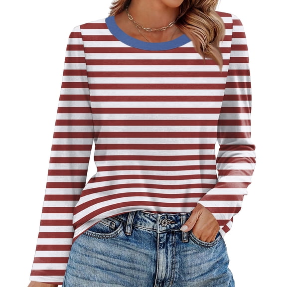 Resicozy Long Sleeve Shirts for Women Striped Casual Tops Fall Fashion Clothes Crewneck Plus Size Spring Outfits 2026 Wine S