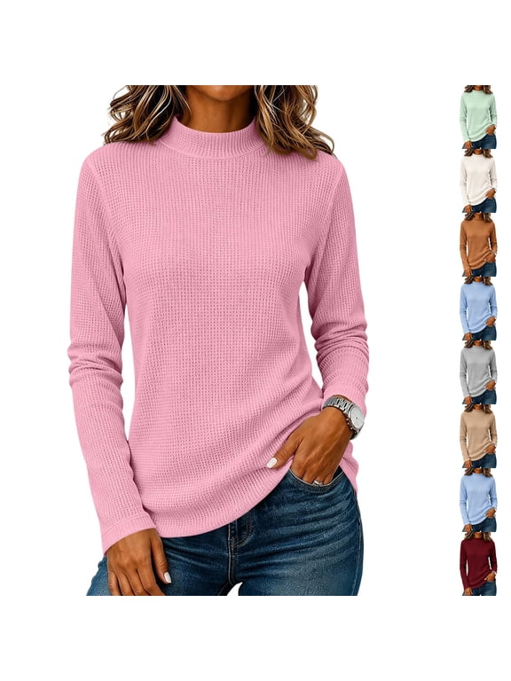 Long Sleeve Shirts for Women Waffle Knit Lightweight Fall Tops Mock Neck Loose Fit Pullover Top Fashion Basic Tees Pink 2XL