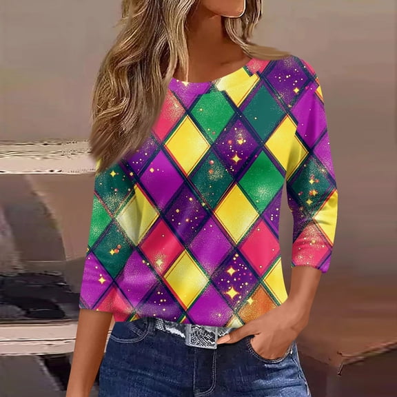 Resicozy Mardi Gras 3/4 Length Sleeve Shirts for Women Casual Fashion Crewneck Shirt Mardi Gras Tops Funny Graphic Print 2026 Light Purple M