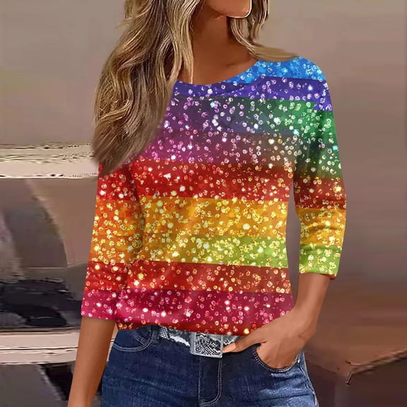 Resicozy Mardi Gras 3/4 Length Sleeve Shirts for Women Casual Fashion Crewneck Shirt Mardi Gras Tops Funny Graphic Print 2026 Multicolor M
