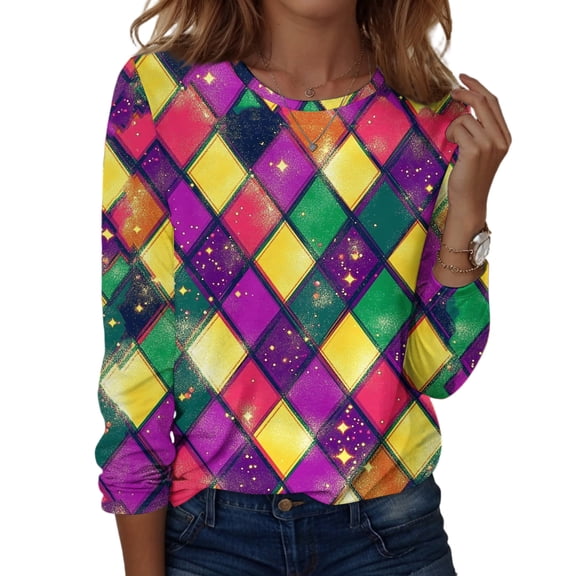 Resicozy Mardi Gras Long Sleeve Shirt for Women Funny Printed Shirts Fashion Spring Pullover Tops Orange M