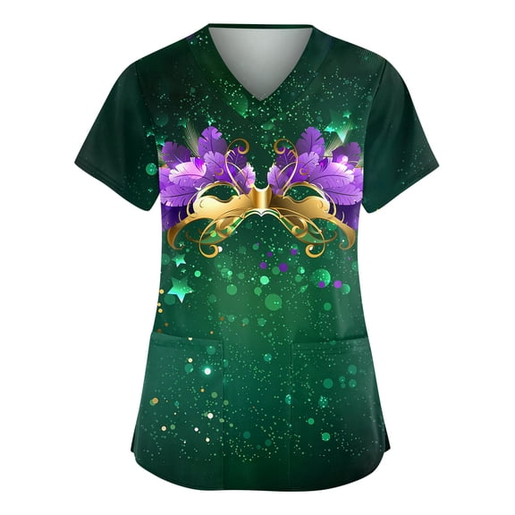 Resicozy Mardi Gras Scrub Tops for Women Plus Size V Neck Short Sleeve Trendy Holiday Print Working Nurse Uniform with Pockets Dark Green L