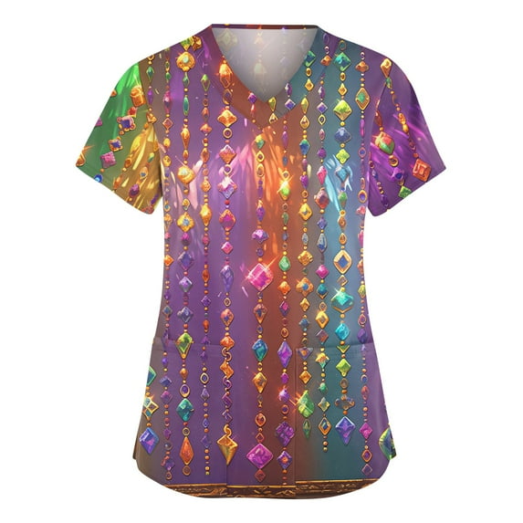 Resicozy Mardi Gras Scrub Tops for Women Plus Size V-Neck Short Sleeve Trendy Holiday Print Working Nurse Uniform with Pockets Multicolor S