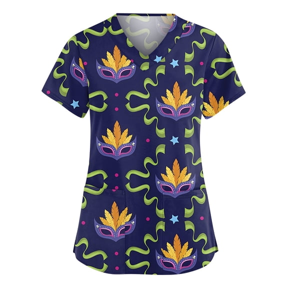 Resicozy Mardi Gras Scrub Tops for Women Plus Size V Neck Short Sleeve Trendy Holiday Print Working Nurse Uniform with Pockets Navy S
