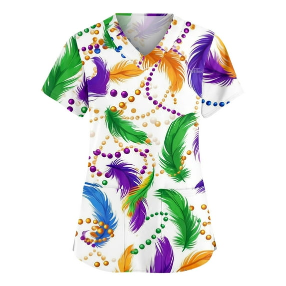 Resicozy Mardi Gras Scrub Tops for Women Plus Size V Neck Short Sleeve Trendy Holiday Print Working Nurse Uniform with Pockets White#1 4XL