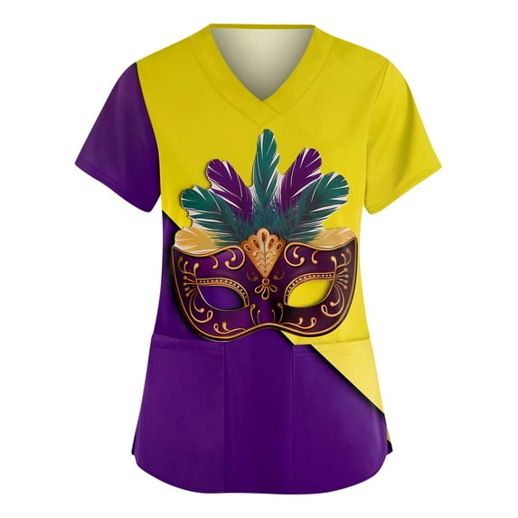 Resicozy Mardi Gras Scrub Tops for Women Plus Size V Neck Short Sleeve Trendy Holiday Print Working Nurse Uniform with Pockets Yellow#1 3XL