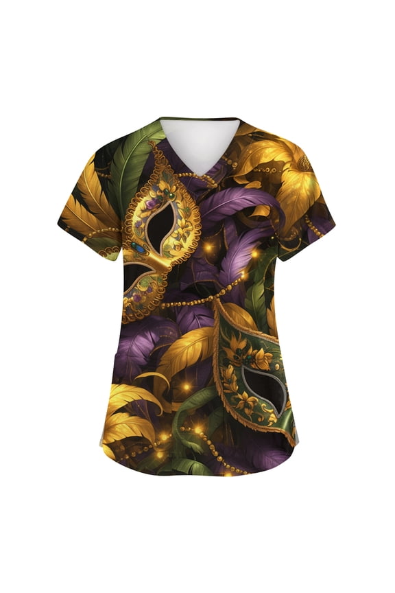 Mardi Gras Scrub Tops for Womens Plus Size Short Sleeve V-Neck Fun Print Scrub Top Holiday Nursing Uniforms with Pocket Gold 3XL
