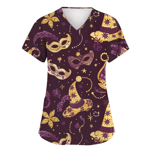 Resicozy Mardi Gras Scrub Tops for Womens Plus Size Short Sleeve V-Neck Fun Print Scrub Top Holiday Nursing Uniforms with Pocket Purple Pink 5XL