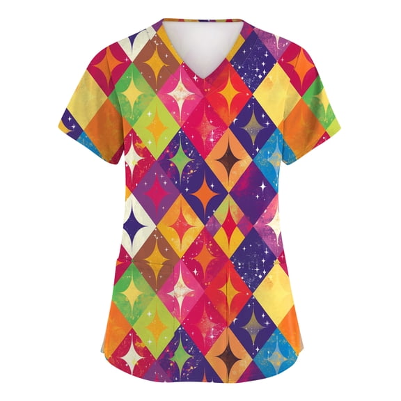 Resicozy Mardi Gras Scrub Tops for Womens Plus Size Short Sleeve V-Neck Fun Print Scrub Top Holiday Nursing Uniforms with Pockets Multicolor M