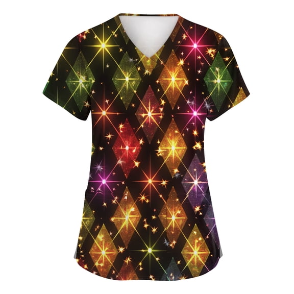 Resicozy Mardi Gras Scrub Tops for Womens Plus Size Short Sleeve V-Neck Fun Print Scrub Top Holiday Nursing Uniforms with Pockets Orange S