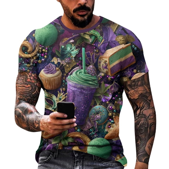 Resicozy Mardi Gras Shirt for Men Funny Print Pullovers Fashion Casual Crew Neck Short Sleeve Shirts Purple 5XL