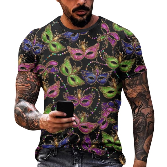 Resicozy Mardi Gras Shirt for Men Funny Print Pullovers Fashion Casual Crewneck Short Sleeve Shirts Navy S