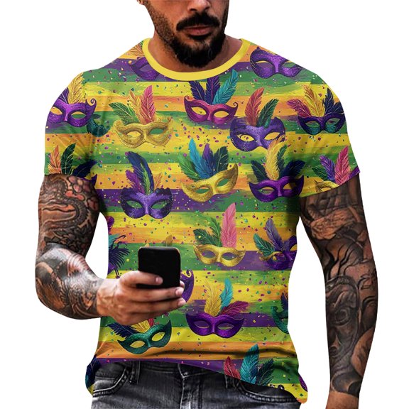 Resicozy Mardi Gras Shirt for Men Funny Print Pullovers Fashion Casual Crewneck Short Sleeve Shirts Yellow 3XL