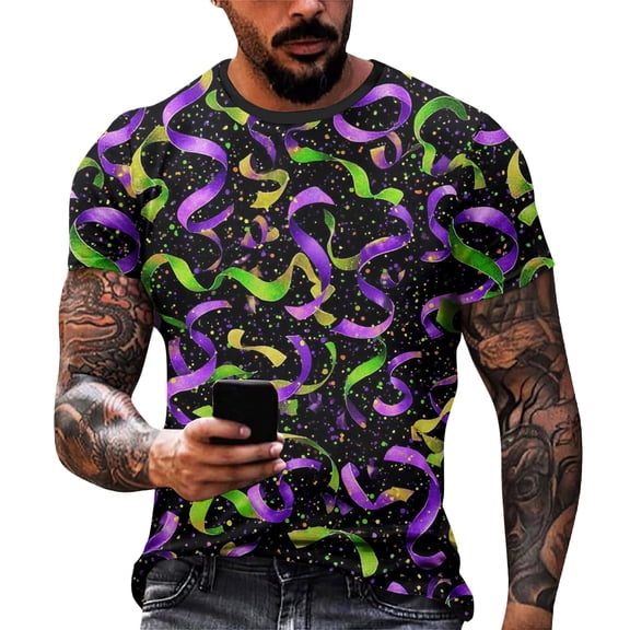 Resicozy Mardi Gras Shirt for Men Funny Printed Pullovers Fashion Casual Crewneck Short Sleeve Shirts Purple Pink 2XL