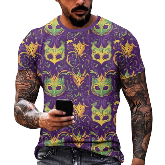 Resicozy Mardi Gras Shirt for Men Funny Printed Pullovers Fashion Casual Crewneck Short Sleeve Shirts Purple S