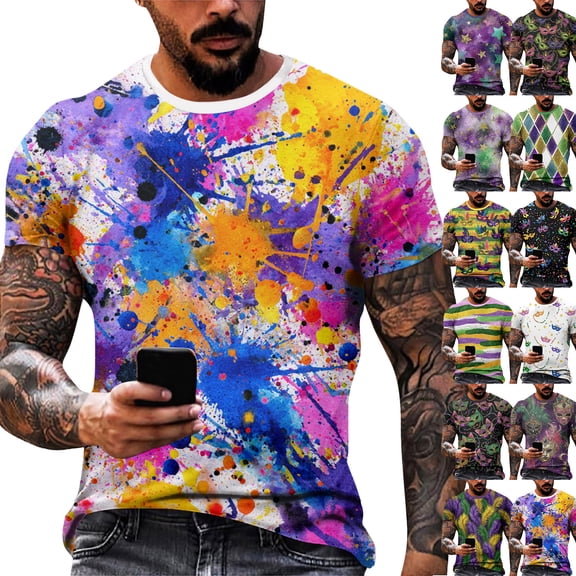Resicozy Mardi Gras Shirts for Men Casual Funny Printed Shirt Fashion Round Neck Short Sleeve Pullover Tops 2026 Dark Purple 3XL