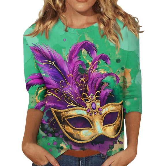 Resicozy Mardi Gras Shirts for Women 2026 Mask Graphic Tees 3/4 Length Sleeve Fashion Carnival Party Blouse Crewneck Pullover Top Cyan 2XL