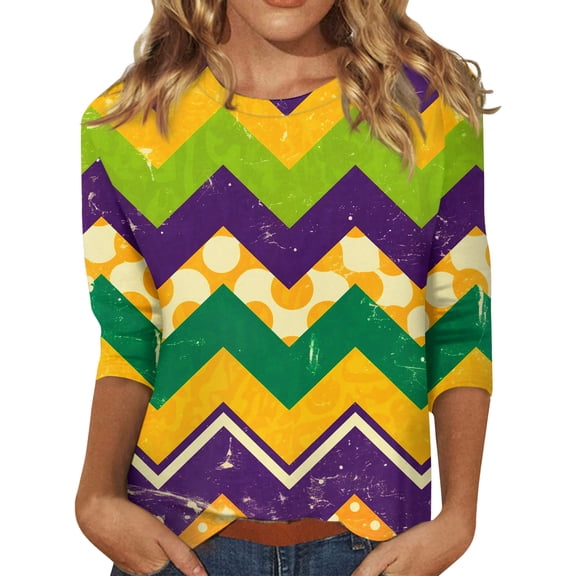 Resicozy Mardi Gras Shirts for Women 2026 Mask Graphic Tees 3/4 Length Sleeve Fashion Carnival Party Blouse Crewneck Pullover Top Green 2XL