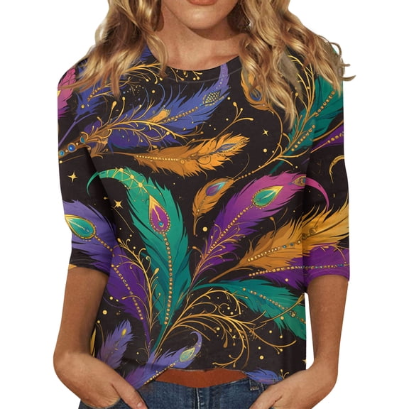 Resicozy Mardi Gras Shirts for Women 2026 Mask Graphic Tees 3/4 Length Sleeve Fashion Carnival Party Blouse Crewneck Pullover Top Khaki 2XL