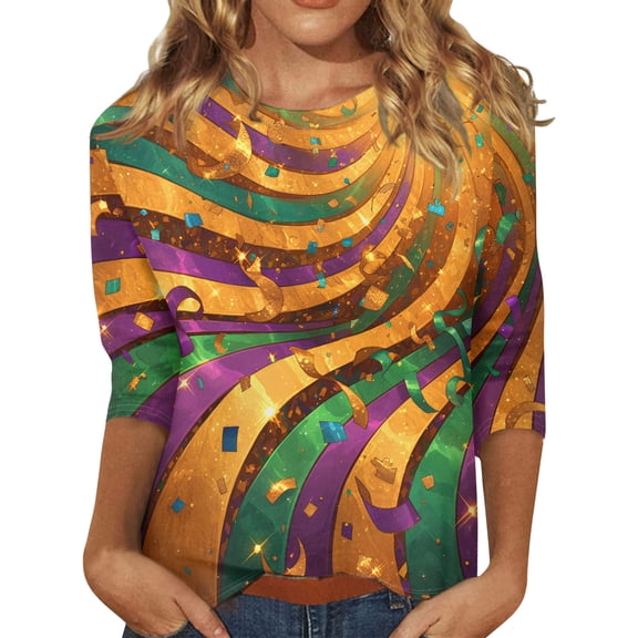 Resicozy Mardi Gras Shirts for Women 2026 Mask Graphic Tees 3/4 Length Sleeve Fashion Carnival Party Blouse Crewneck Pullover Top Saffron 2XL