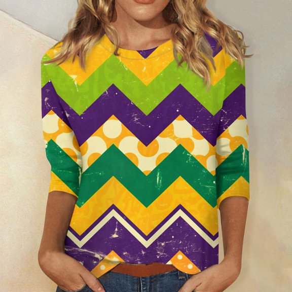 Resicozy Mardi Gras Shirts for Women 2026 Mask Graphic Tees 3/4 Sleeve Fashion Carnival Party Blouse Crewneck Pullover Tops Green M