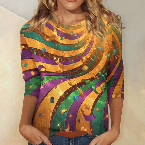 Resicozy Mardi Gras Shirts for Women 2026 Mask Graphic Tees 3/4 Sleeve Fashion Carnival Party Blouse Crewneck Pullover Tops Saffron L