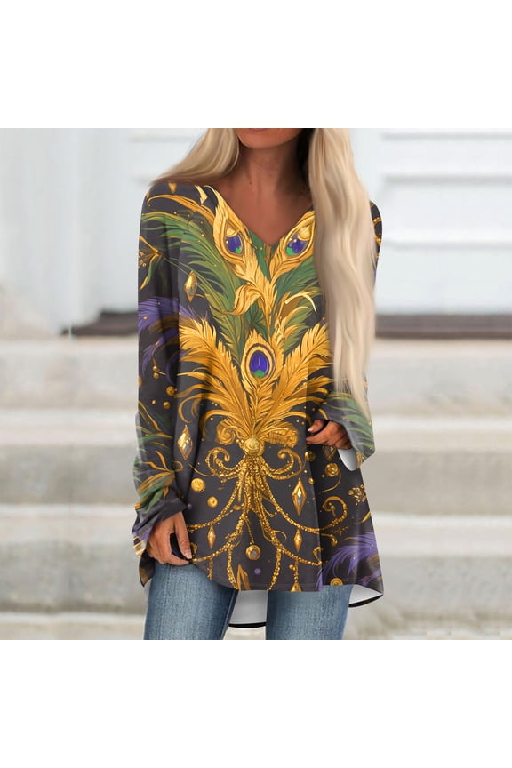 Mardi Gras Shirts for Women Fashion Long Sleeve Tshirt Graphic Tees Top Funny V Neck Holiday Pullover Tops Gold S