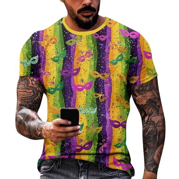 Resicozy Mardi Gras T-Shirt for Men 2026 Funny Printed Holiday Casual Shirt Fashion Crewneck Short Sleeve Shirts Orange L