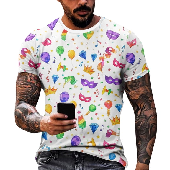 Resicozy Mardi Gras T-Shirt for Men 2026 Funny Printed Holiday Casual Shirt Fashion Crewneck Short Sleeve Shirts White XL