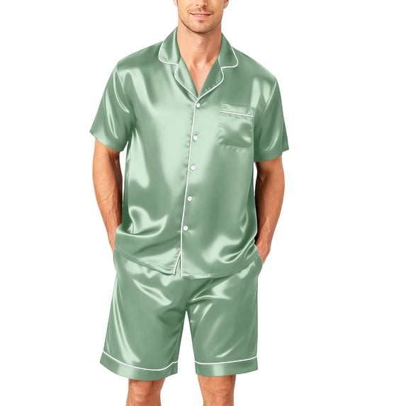 Resicozy Men Satin Silk Pajamas Sets Short Sleeve Sleepwear Button-Down PJs Sets 2 Pieces Loungewear with Pockets Mint Green 3XL