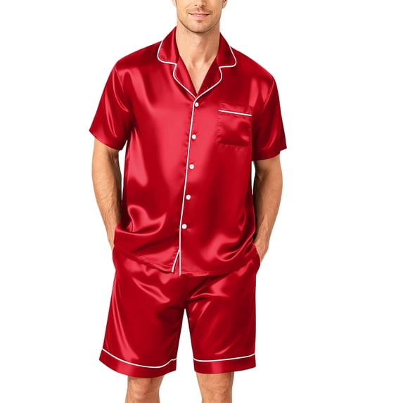 Resicozy Men Satin Silk Pajamas Sets Short Sleeve Sleepwear Button-Down PJs Sets 2 Pieces Loungewear with Pockets Red L