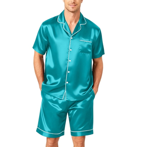 Resicozy Men Satin Silk Pajamas Sets Short Sleeve Sleepwear Button-Down PJs Sets Two-Pieces Loungewear with Pockets Cyan M