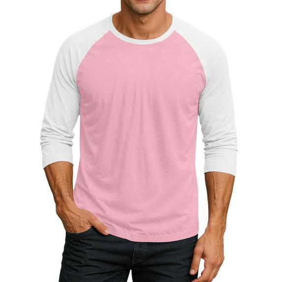 Resicozy Men's 3/4 Sleeve Shirts Crew Neck Casual Fashion Soft Vintage Workout Athletic Classic Fitted Tee Shirt Pink M