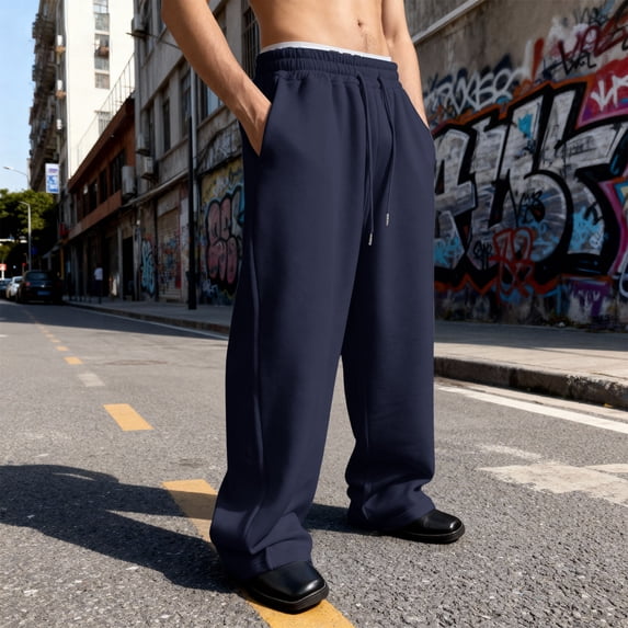 Resicozy Men's Baggy Sweatpants Wide Leg Drawstring Elastic Waist Sweat Pants Casual Lounge Joggers with Pockets 2026 Dark Blue XL